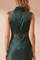 Load image into Gallery viewer, Mermaid Dark Green Ruched High Neck Long Wedding Guest Dress with Lace