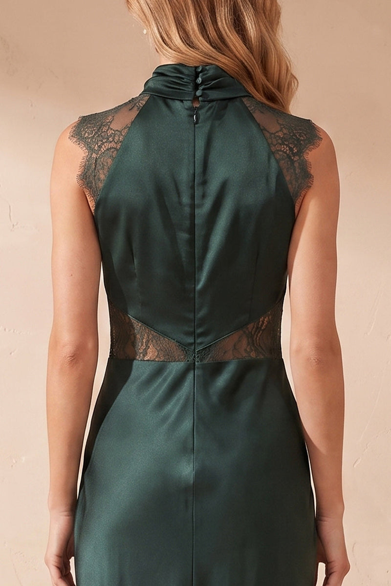 Load image into Gallery viewer, Mermaid Dark Green Ruched High Neck Long Wedding Guest Dress with Lace
