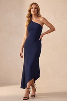 Load image into Gallery viewer, Navy Mermaid Simple One Shoulder Long Wedding Guest Dress with Slit