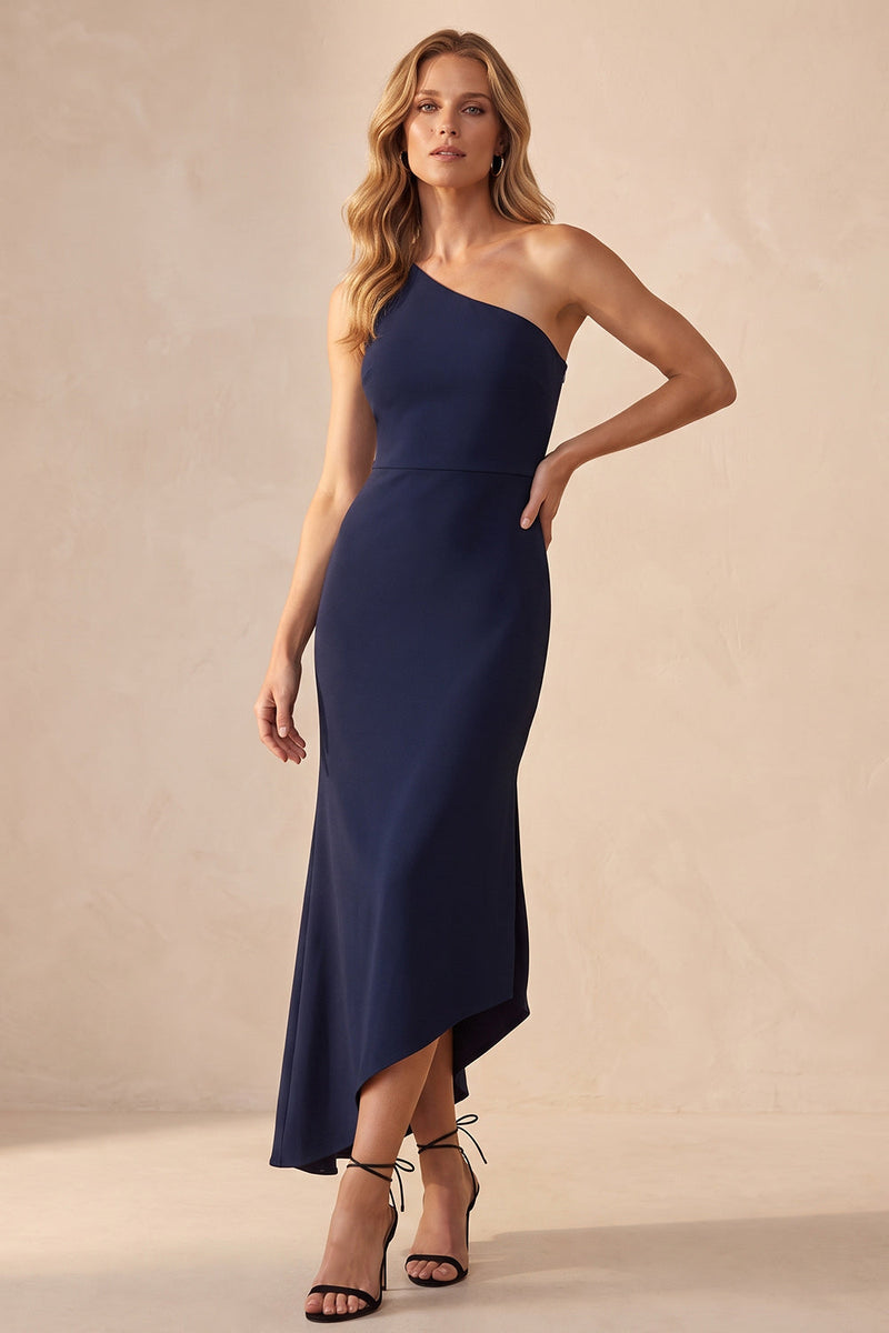 Load image into Gallery viewer, Navy Mermaid Simple One Shoulder Long Wedding Guest Dress with Slit