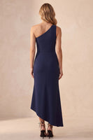 Load image into Gallery viewer, Navy Mermaid Simple One Shoulder Long Wedding Guest Dress with Slit
