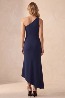 Navy Mermaid Simple One Shoulder Long Wedding Guest Dress with Slit