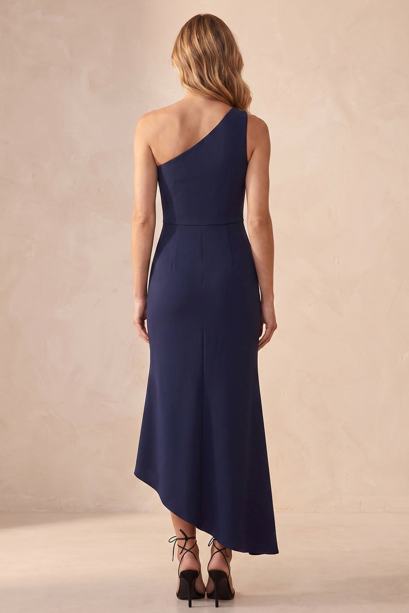 Load image into Gallery viewer, Navy Mermaid Simple One Shoulder Long Wedding Guest Dress with Slit