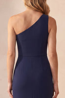 Load image into Gallery viewer, Navy Mermaid Simple One Shoulder Long Wedding Guest Dress with Slit