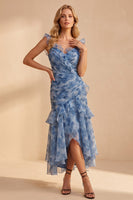 Load image into Gallery viewer, Dusty Blue Ruffled Floral A Line Ruched High-Low Wedding Guest Dress