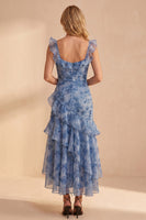 Load image into Gallery viewer, Dusty Blue Ruffled Floral A Line Ruched High-Low Wedding Guest Dress