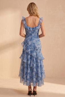 Dusty Blue Ruffled Floral A Line Ruched High-Low Wedding Guest Dress