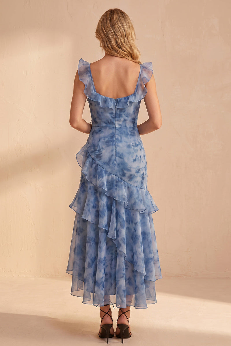 Load image into Gallery viewer, Dusty Blue Ruffled Floral A Line Ruched High-Low Wedding Guest Dress