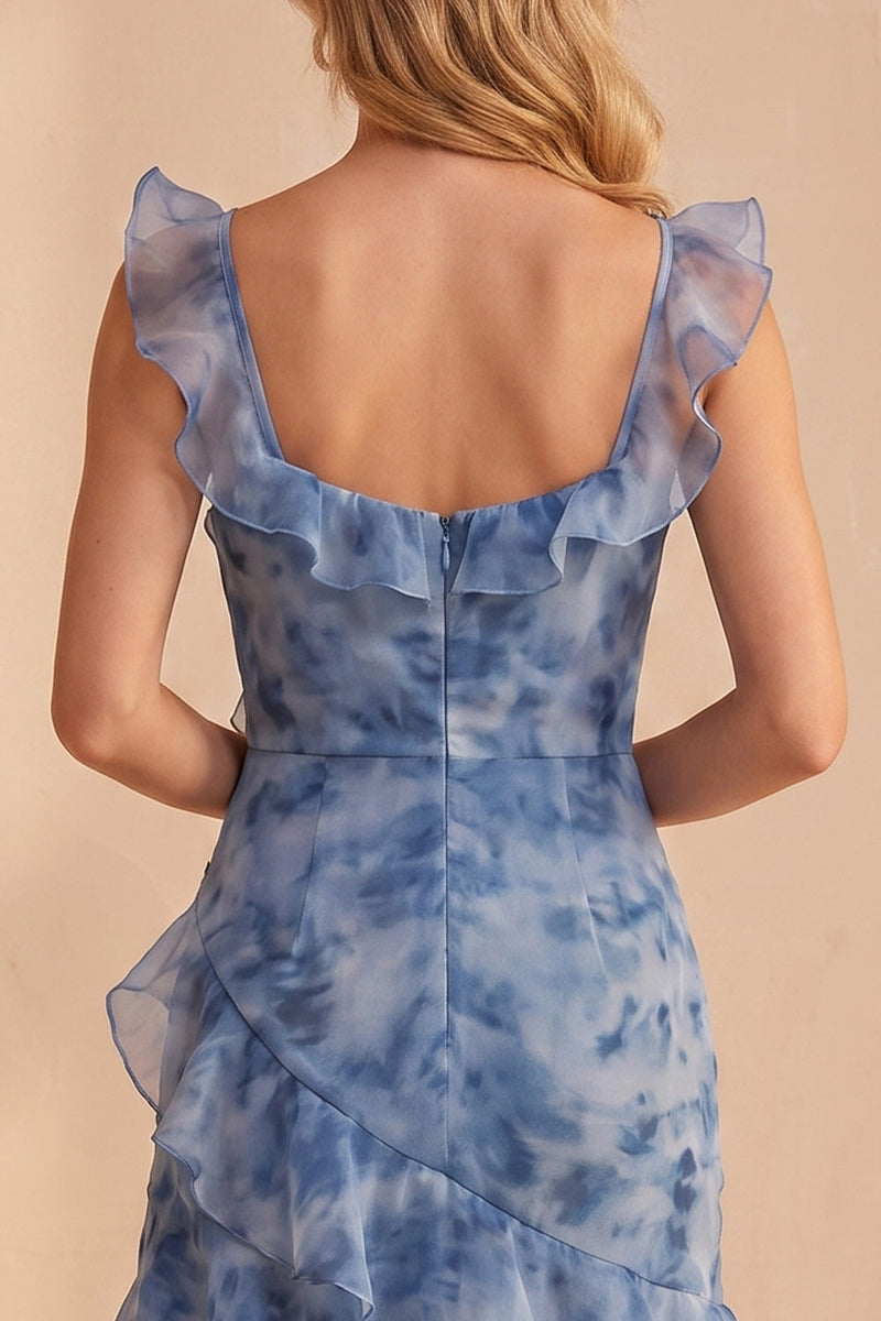 Load image into Gallery viewer, Dusty Blue Ruffled Floral A Line Ruched High-Low Wedding Guest Dress