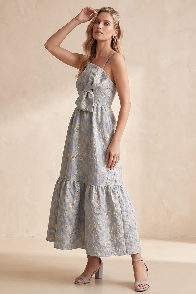 Load image into Gallery viewer, Jacquard A Line Grey Blue Spaghetti Straps Long Wedding Guest Dress with Bow