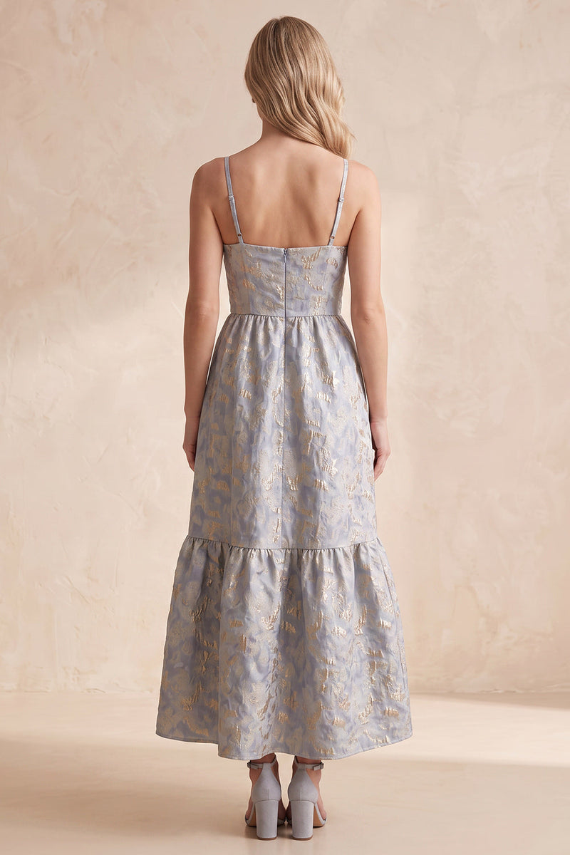 Load image into Gallery viewer, Jacquard A Line Grey Blue Spaghetti Straps Long Wedding Guest Dress with Bow