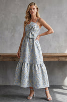Load image into Gallery viewer, Jacquard A Line Grey Blue Spaghetti Straps Long Wedding Guest Dress with Bow
