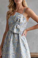 Load image into Gallery viewer, Jacquard A Line Grey Blue Spaghetti Straps Long Wedding Guest Dress with Bow