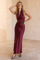 Load image into Gallery viewer, Halter Burgundy Sheath Long Wedding Guest Dress with Lace