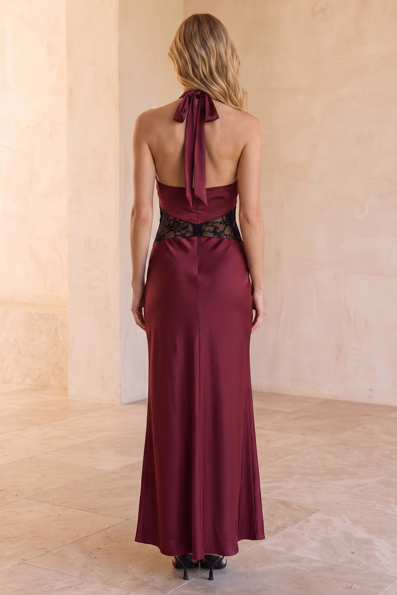 Load image into Gallery viewer, Halter Burgundy Sheath Long Wedding Guest Dress with Lace