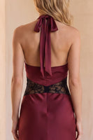 Load image into Gallery viewer, Halter Burgundy Sheath Long Wedding Guest Dress with Lace