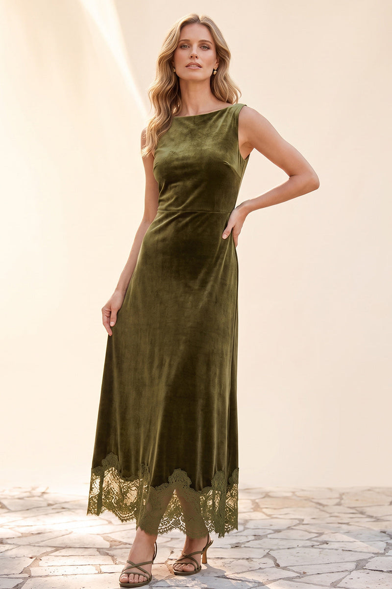 Load image into Gallery viewer, Olive Velvet Sheath Bateau Neck Long Wedding Guest Dress with Lace