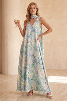 Load image into Gallery viewer, Floral Light Blue Sheath V-Neck Long Wedding Guest Dress with Neck Scarf