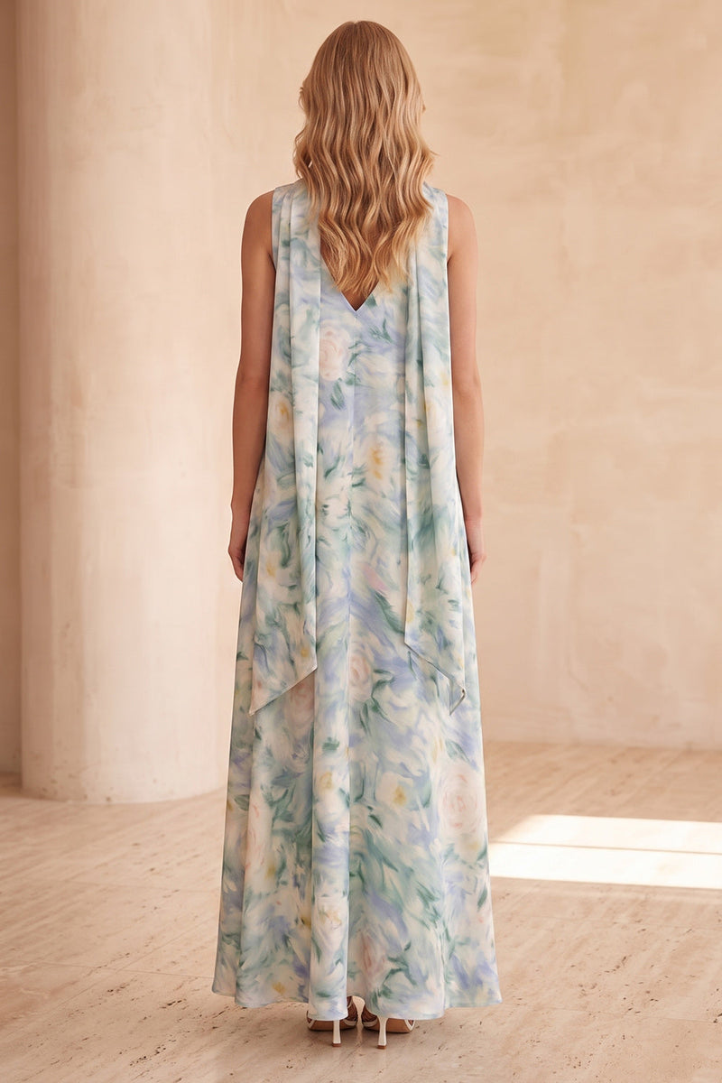 Load image into Gallery viewer, Floral Light Blue Sheath V-Neck Long Wedding Guest Dress with Neck Scarf