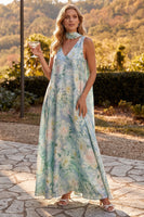 Load image into Gallery viewer, Floral Light Blue Sheath V-Neck Long Wedding Guest Dress with Neck Scarf