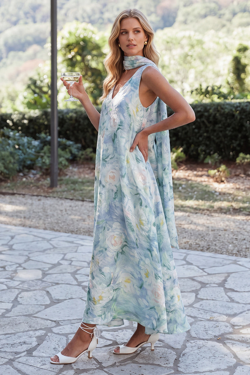 Load image into Gallery viewer, Floral Light Blue Sheath V-Neck Long Wedding Guest Dress with Neck Scarf