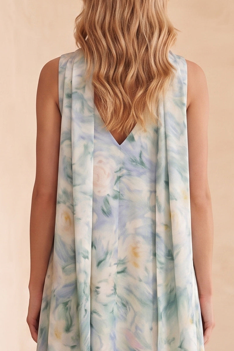 Load image into Gallery viewer, Floral Light Blue Sheath V-Neck Long Wedding Guest Dress with Neck Scarf