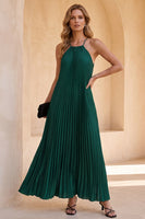 Load image into Gallery viewer, Pleated Dark Green A Line Halter Long Wedding Guest Dress