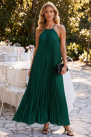 Load image into Gallery viewer, Pleated Dark Green A Line Halter Long Wedding Guest Dress