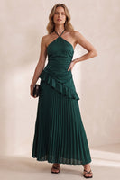 Load image into Gallery viewer, A Line Dark Green Ruffled Pleated Ruched Long Wedding Guest Dress