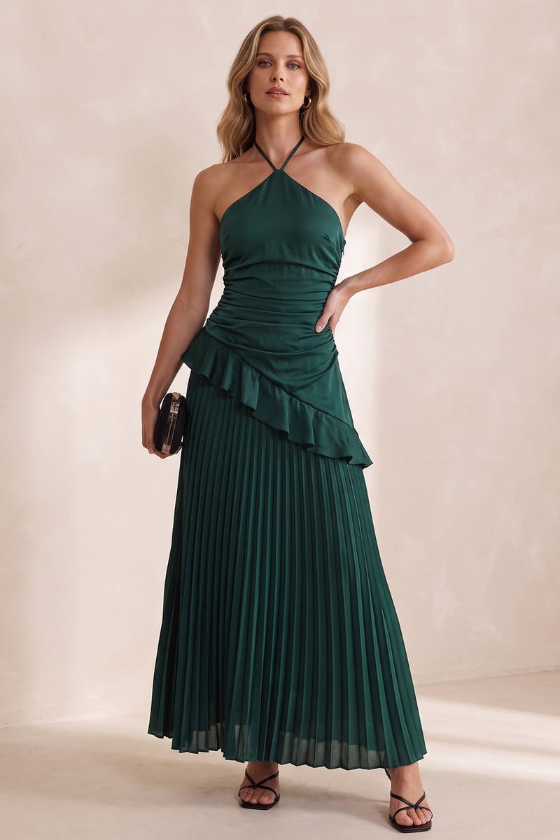 Load image into Gallery viewer, A Line Dark Green Ruffled Pleated Ruched Long Wedding Guest Dress