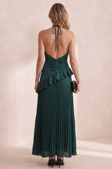 A Line Dark Green Ruffled Pleated Ruched Long Wedding Guest Dress