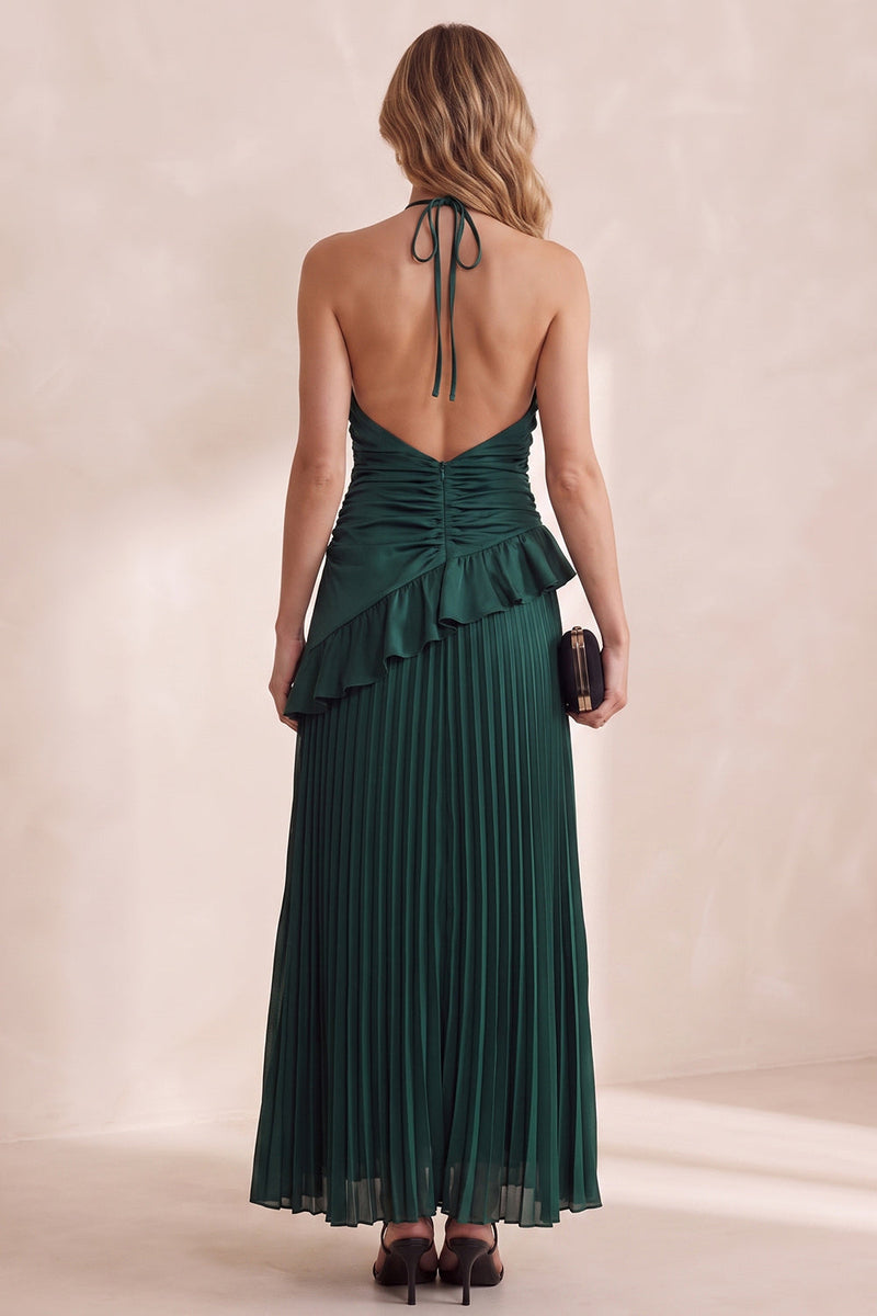 Load image into Gallery viewer, A Line Dark Green Ruffled Pleated Ruched Long Wedding Guest Dress