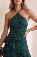 Load image into Gallery viewer, A Line Dark Green Ruffled Pleated Ruched Long Wedding Guest Dress