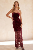 Load image into Gallery viewer, Velvet Burgundy Floral Sweetheart Sheath Lace Long Wedding Guess Dress