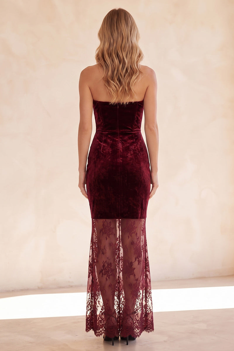 Load image into Gallery viewer, Velvet Burgundy Floral Sweetheart Sheath Lace Long Wedding Guess Dress
