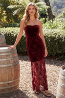 Load image into Gallery viewer, Velvet Burgundy Floral Sweetheart Sheath Lace Long Wedding Guess Dress