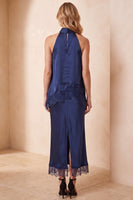 Load image into Gallery viewer, Royal Blue Two Piece Sheath Halter Long Wedding Guest Dress with Lace