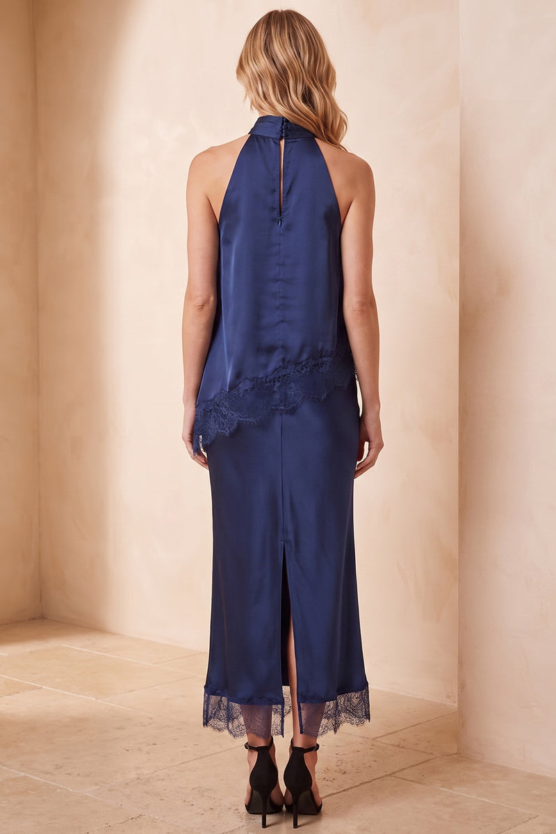 Load image into Gallery viewer, Royal Blue Two Piece Sheath Halter Long Wedding Guest Dress with Lace