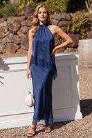 Load image into Gallery viewer, Royal Blue Two Piece Sheath Halter Long Wedding Guest Dress with Lace