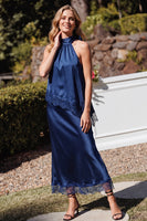 Load image into Gallery viewer, Royal Blue Two Piece Sheath Halter Long Wedding Guest Dress with Lace