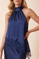 Load image into Gallery viewer, Royal Blue Two Piece Sheath Halter Long Wedding Guest Dress with Lace