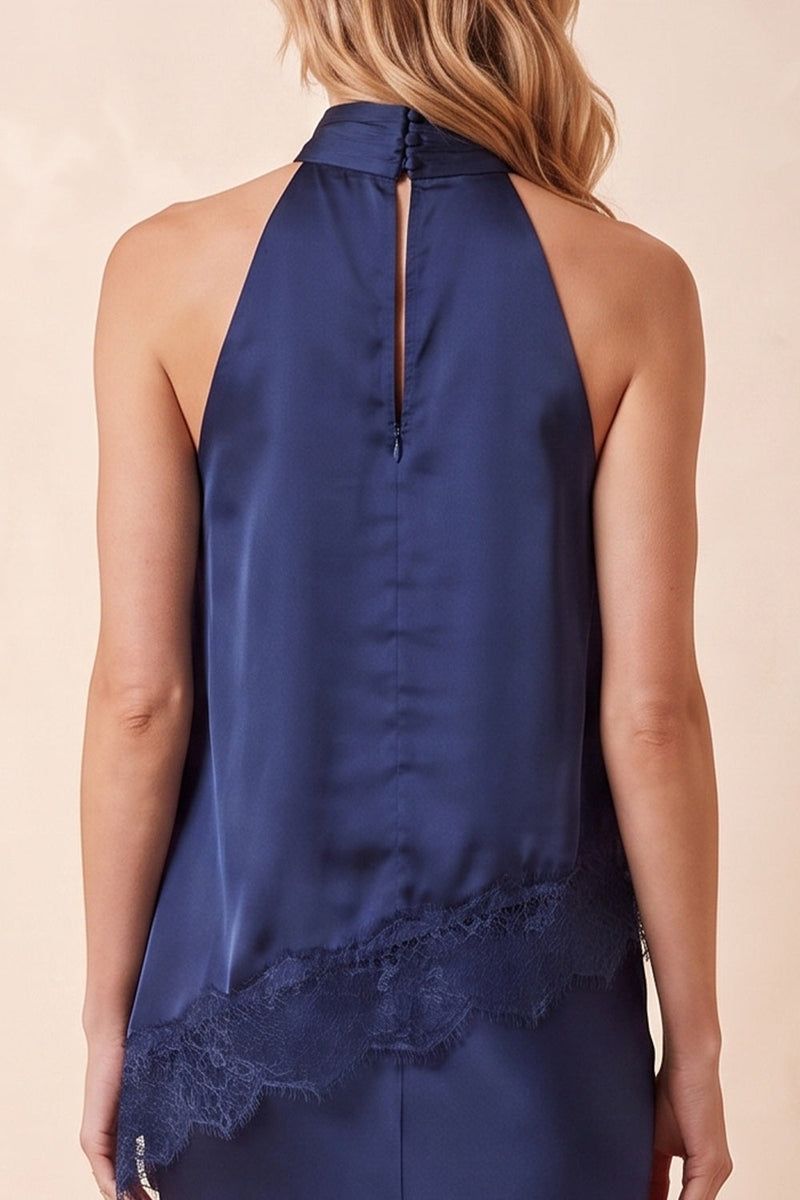 Load image into Gallery viewer, Royal Blue Two Piece Sheath Halter Long Wedding Guest Dress with Lace