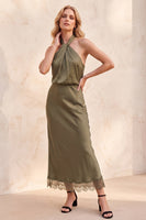 Load image into Gallery viewer, Sheath Olive Halter Long Wedding Guest Dress with Lace