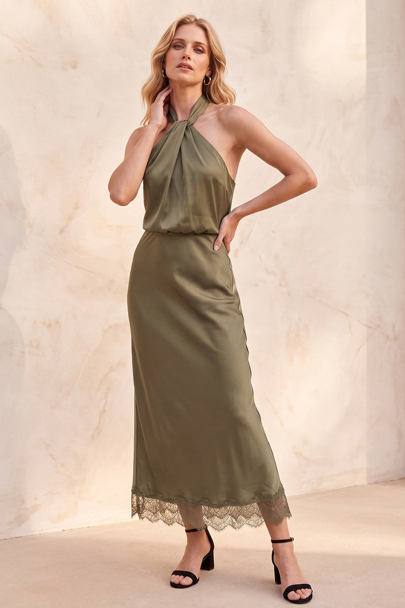 Load image into Gallery viewer, Sheath Olive Halter Long Wedding Guest Dress with Lace
