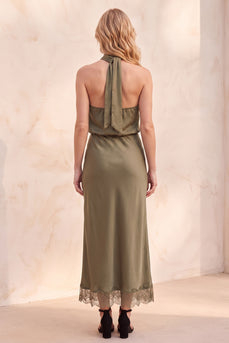 Sheath Olive Halter Long Wedding Guest Dress with Lace