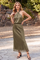 Load image into Gallery viewer, Sheath Olive Halter Long Wedding Guest Dress with Lace
