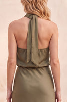 Load image into Gallery viewer, Sheath Olive Halter Long Wedding Guest Dress with Lace