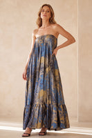 Load image into Gallery viewer, Pleated Blue Print Strapless Sheath Long Wedding Guest Dress