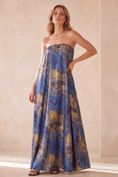 Load image into Gallery viewer, Pleated Blue Print Strapless Sheath Long Wedding Guest Dress