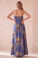 Load image into Gallery viewer, Pleated Blue Print Strapless Sheath Long Wedding Guest Dress